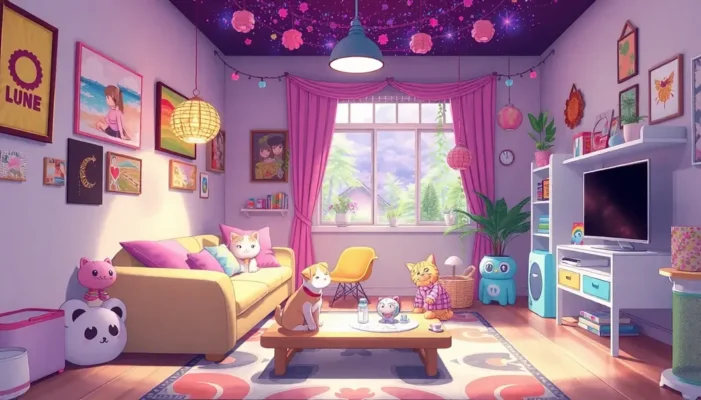 Room with anime-inspired decor and pet-friendly features.