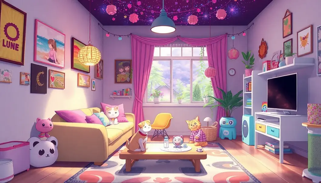 Room with anime-inspired decor and pet-friendly features.