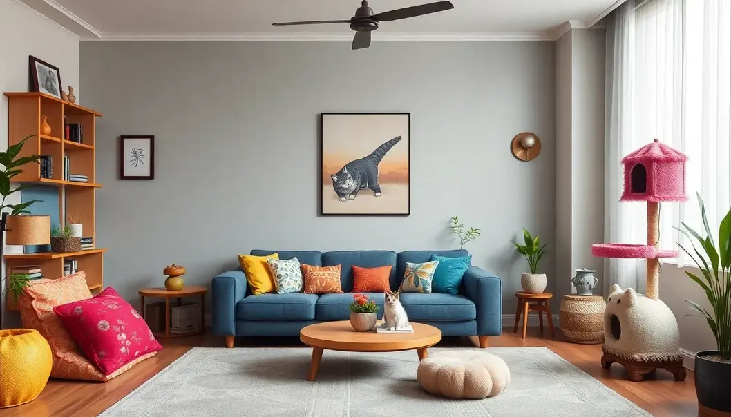 A perfectly balanced anime-themed living room, welcoming for pets and otakus alike.