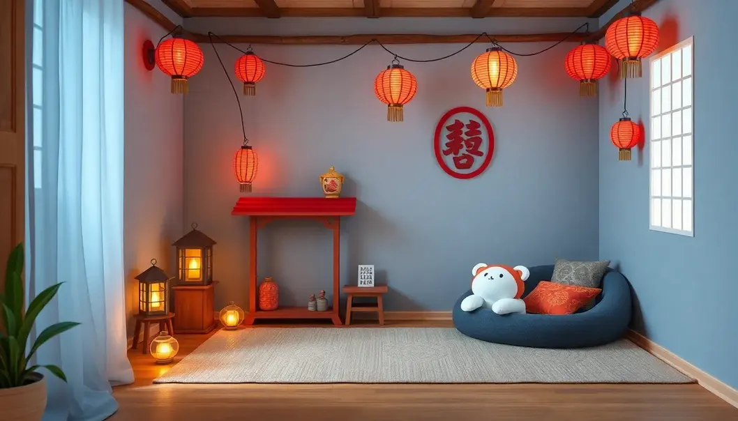 A perfectly balanced anime-themed living room, welcoming for pets and otakus alike.