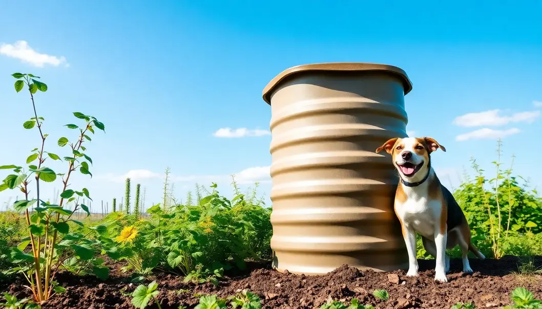 A garden with a compost bin, flourishing plants, and a cheerful dog.