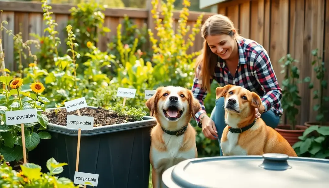 Pet owner managing a compost bin in their garden with a curious dog nearby.