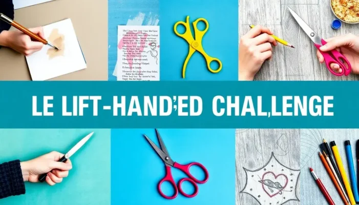 A collage of left-handed individuals navigating daily challenges like writing and using art supplies.