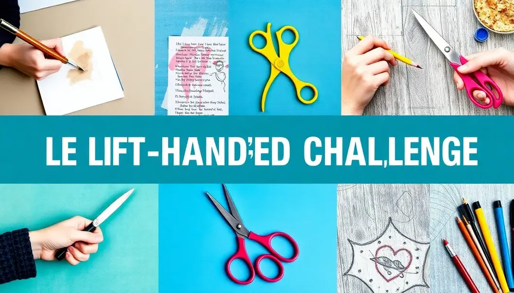 A collage of left-handed individuals navigating daily challenges like writing and using art supplies.