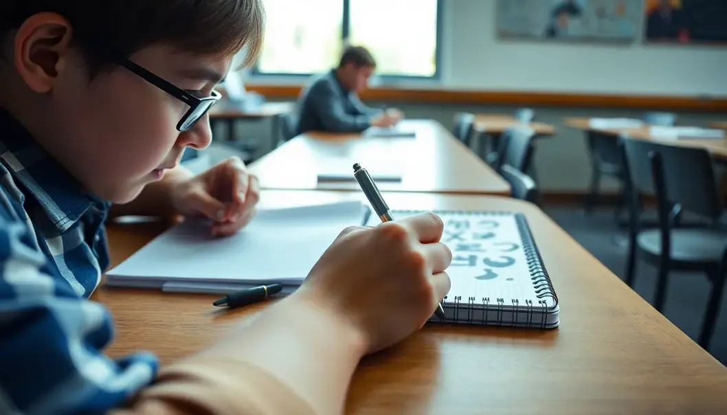 A left-handed student bravely faces the ink-smudged world of spiral notebooks.