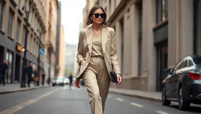 A model in minimalist fashion attire walking confidently in a city setting.