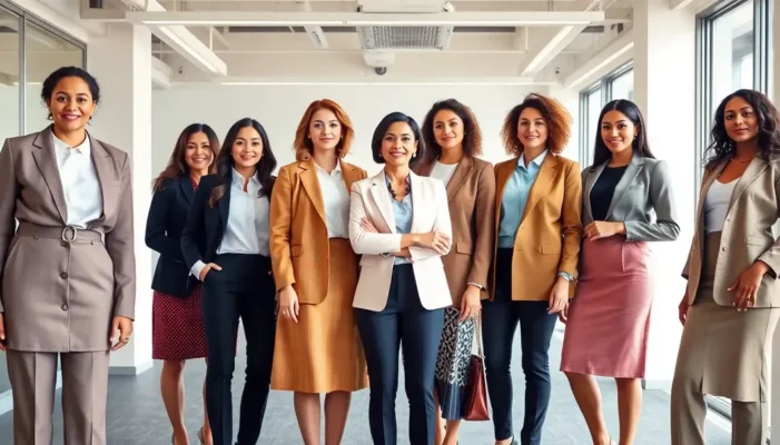 Diverse group of women in stylish professional attire in a modern office.