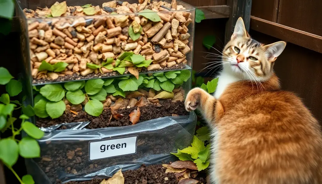 Pet owner managing a compost bin in their garden with a curious dog nearby.
