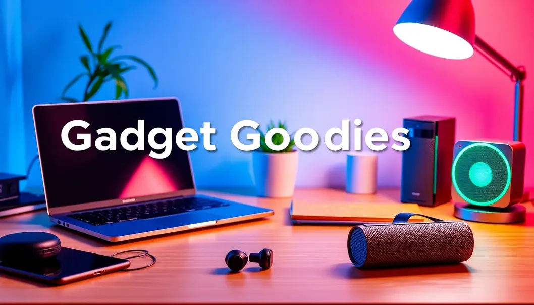 Desk setup with a laptop, earbuds, Bluetooth speaker, and smart lighting, symbolizing young adults' tech-enhanced lifestyle.