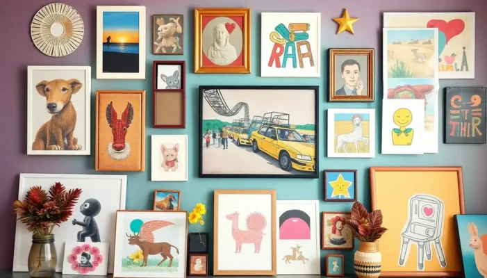 Collage of a teenager's art collection on a vibrant wall.