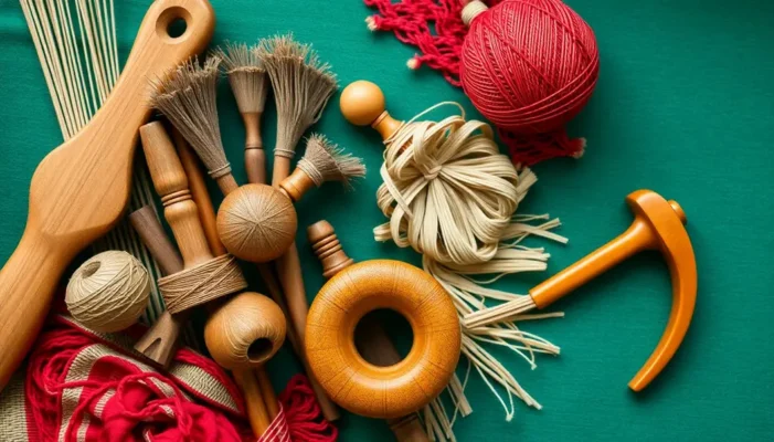 Collage of weaving tools and colorful textiles showing weaving's cultural heritage.