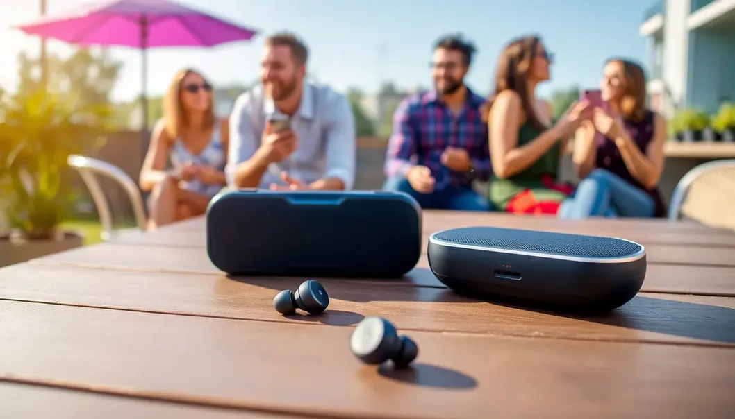 Wireless earbuds and Bluetooth speaker perfect for casual gatherings.